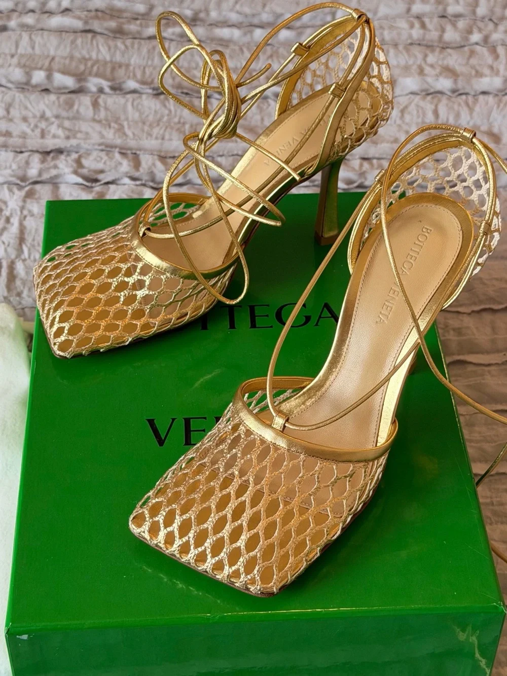 Bottega Veneta Metallic Gold Mesh Lace-Up Heels